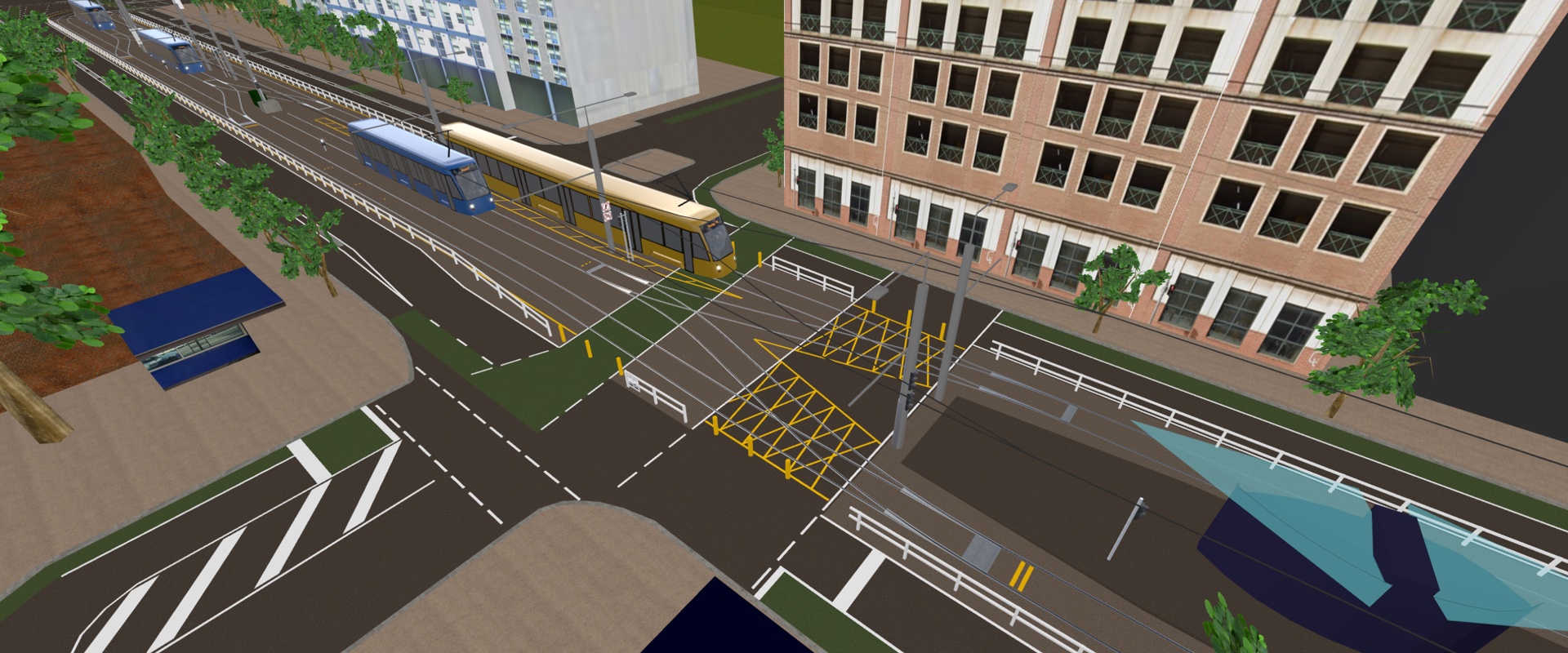 Mathrail 3D simulation of the Melbourne University tram terminus — aerial view of a Yarra Trams tram approaching, with route reservation overlaid in green and orange