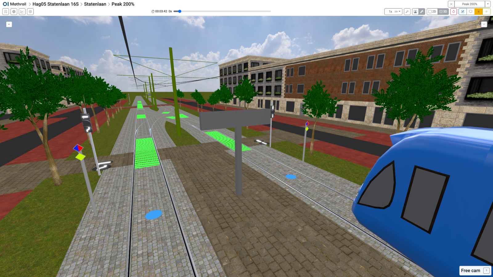 Mathrail 3D simulation of HTM Statenlaan, The Hague — driver's-eye view of an HTM tram approaching, with signals and route indicators along the cobblestone tram track
