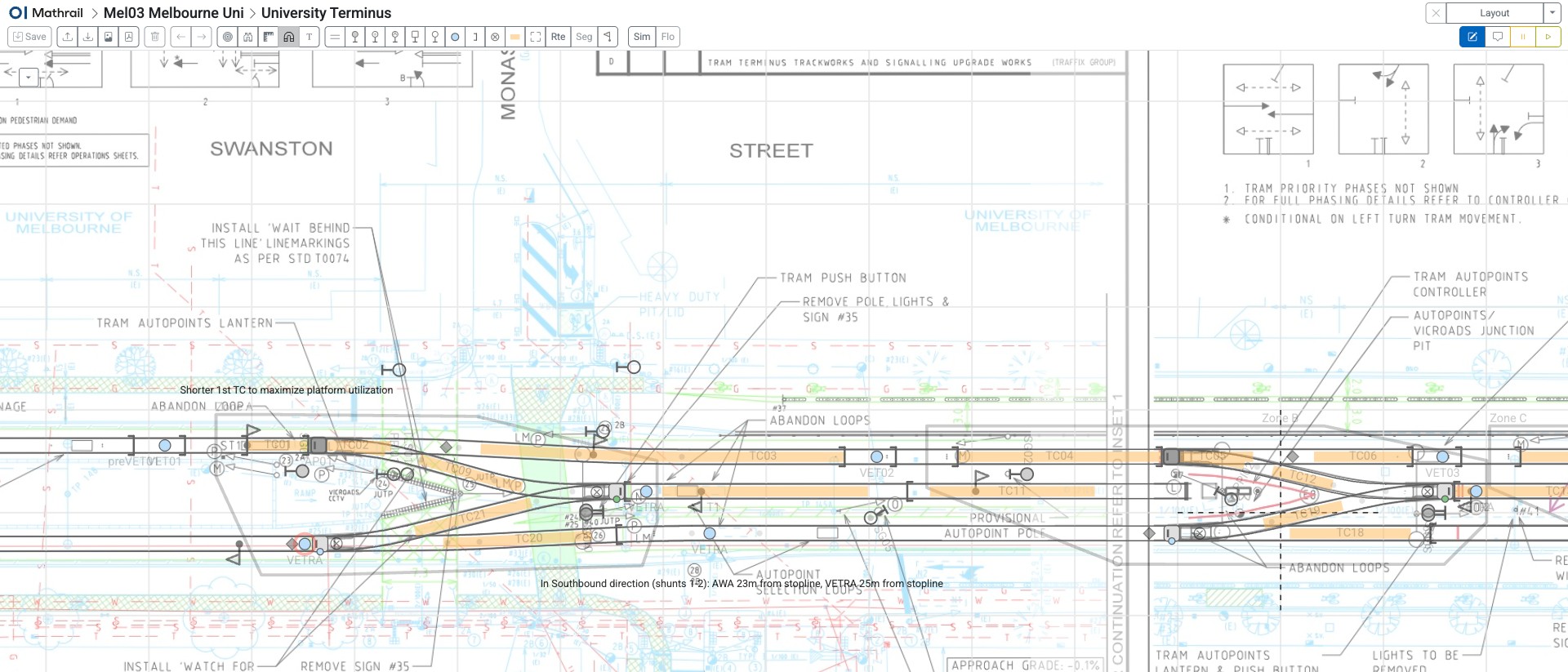 Mathrail tram signalling model of the Melbourne University terminus — 2D layout editor